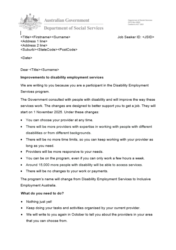 IEA first letter to participants of Disability Employment Services (DES) participants about Inclusive Employment Australia.