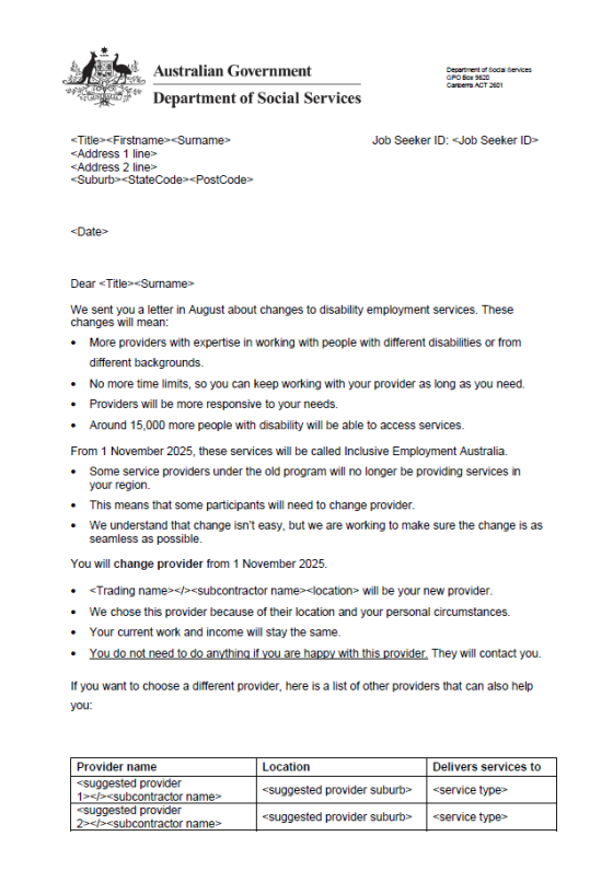 Inclusive Employment Australia: letter to participants of Disability Employment Services (DES) – changing provider, October 2025