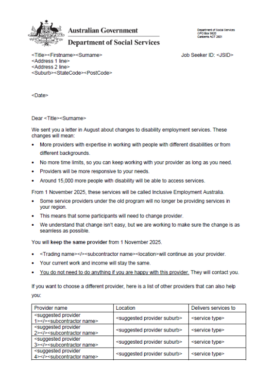 Inclusive Employment Australia: letter to participants of Disability Employment Services (DES) – same provider, October 2025