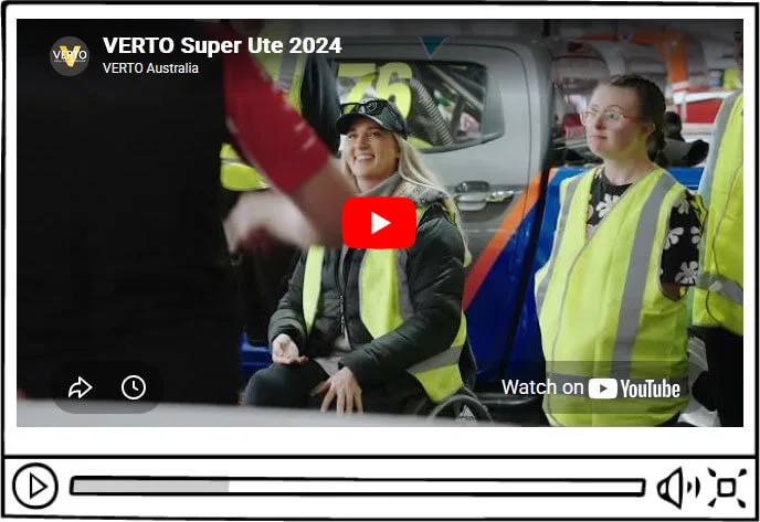 VERTO Disability Ambassador Samantha Longmore with Team Motion Racing at the Bathurst 1000, giving community members a behind-the-scenes motorsport experience